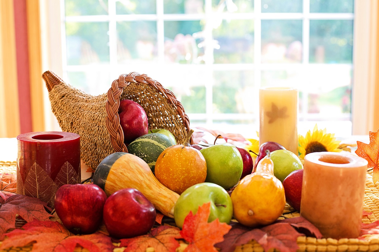 Colorful cornucopia display on a table