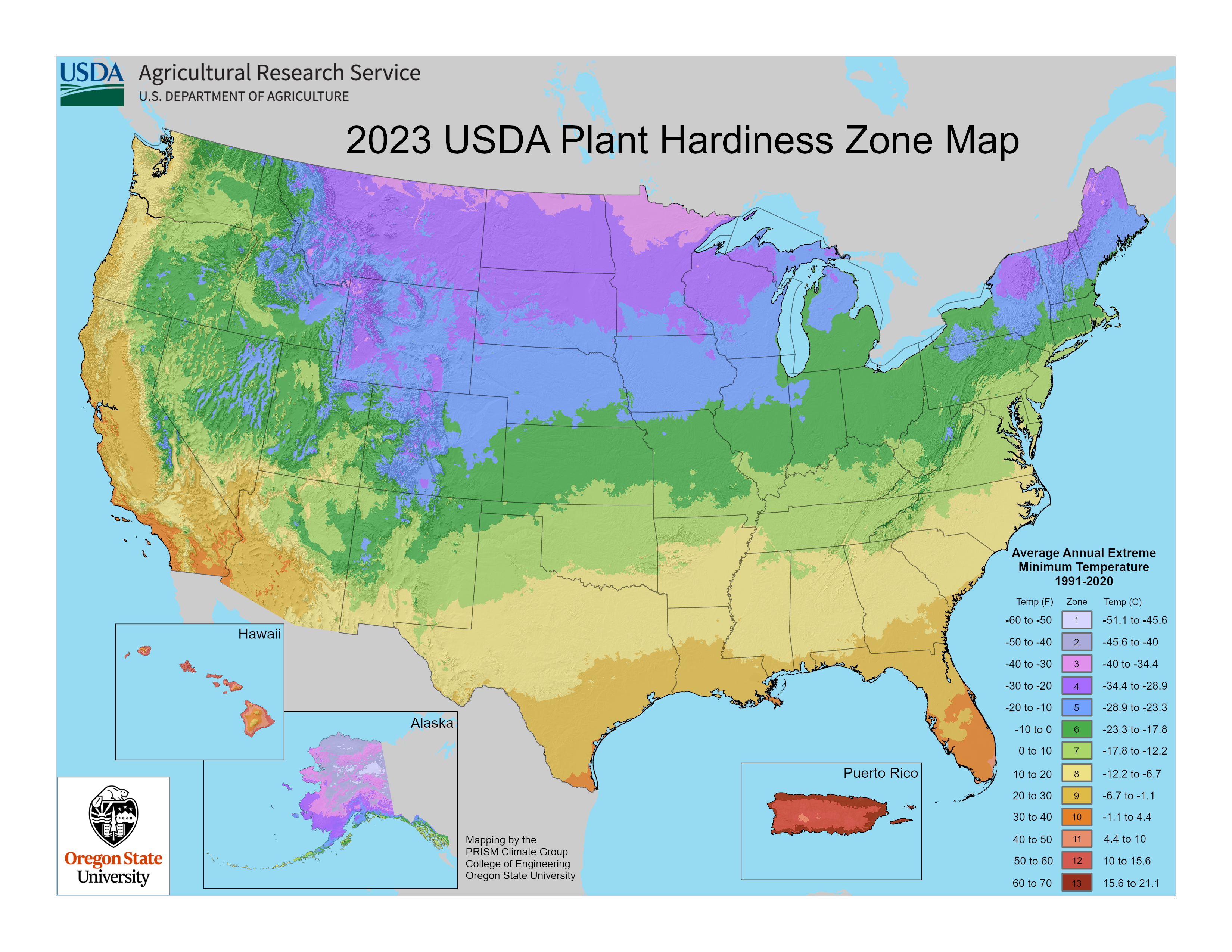 A colored map of the United States showing hardiness zones.